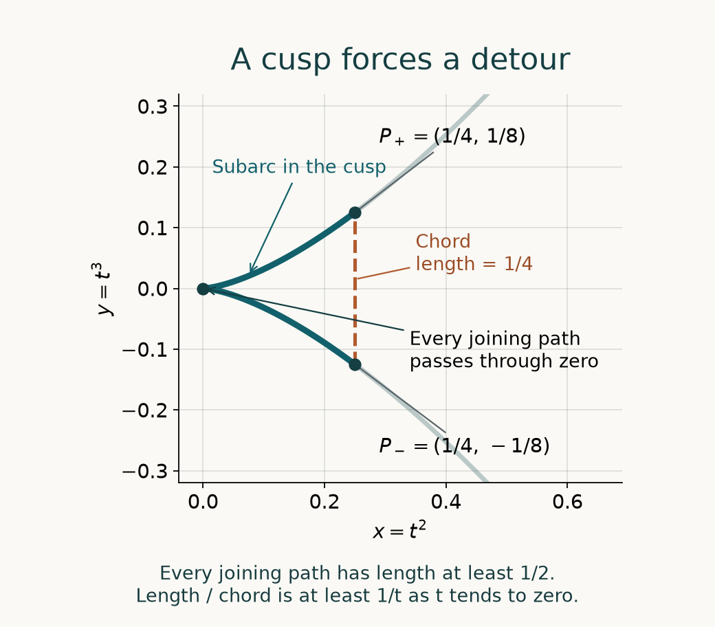 The cusp x equals t squared, y equals t cubed, with two marked points at t equals plus or minus one half, their vertical chord, and the path through the origin.