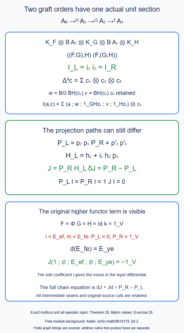Both actual iterated sections pull back to the same original three-piece cut, while the two projection paths retain their nonzero higher functor comparison.