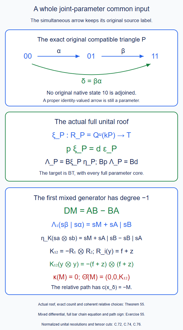 The whole original compatible triangle maps through a normalized unital common input. Its direct simultaneous arrow and its length-two source generator remain distinct; the mixed generator supplies the exact signed correction between two roof choices.