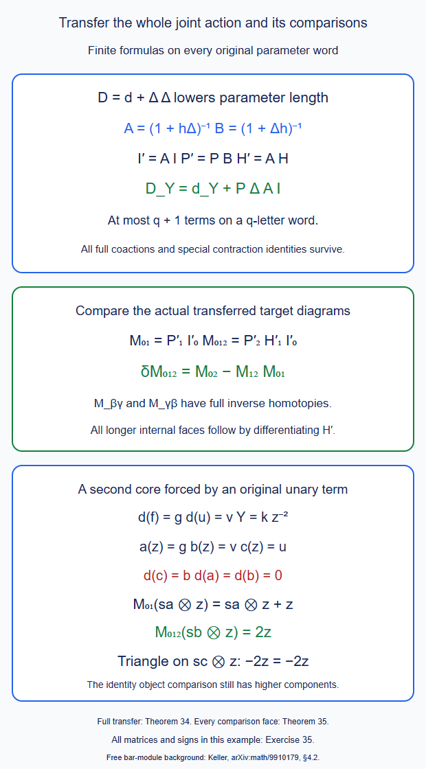 Finite joint-bar transfer keeps the complete source action and all comparison maps; a nonzero second comparison is forced by a nonclosed operator and its unary differential.