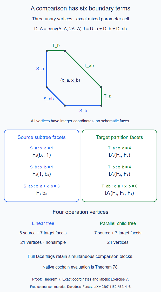 The exact mixed comparison hexagon, with every source-subtree and target-partition facet labeled.