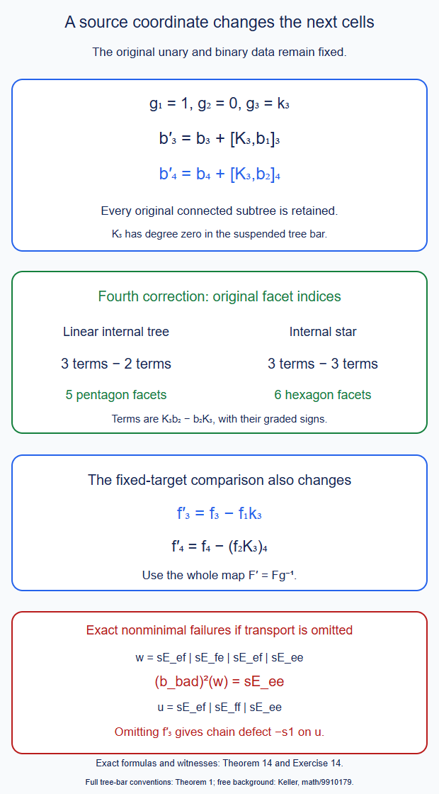 The five and six fourth-component transport terms and the required third comparison correction.