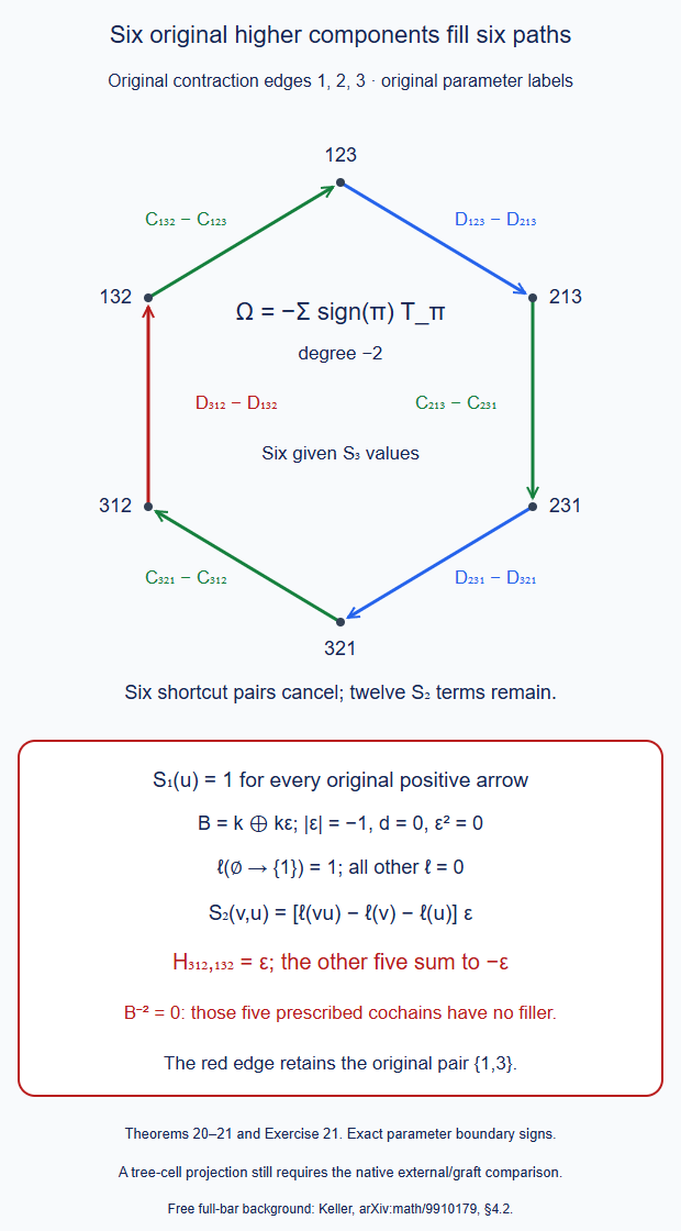 The signed six-S3 parameter surface, its six original path edges, and the nonzero independent-contraction edge in the identity-image counterexample.