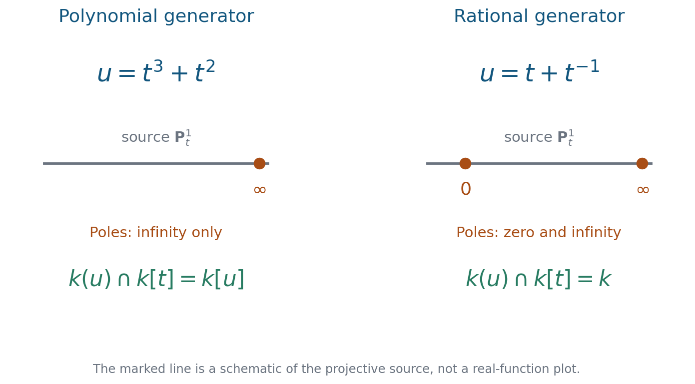 The poles of a polynomial generator and a rational generator on the projective source.