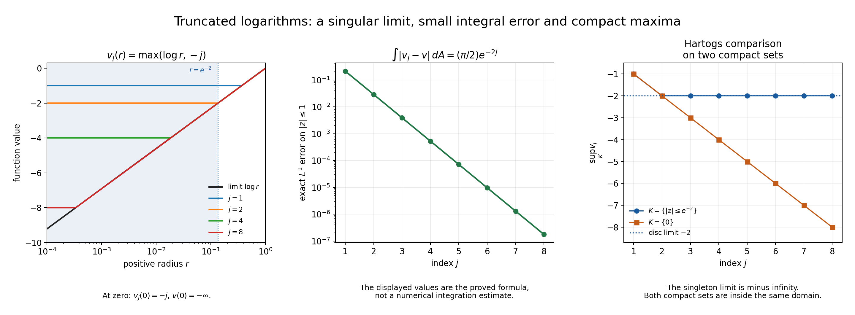 The same truncated logarithms exhibit small integral error, a finite disc maximum, and a minus-infinite singleton limit.